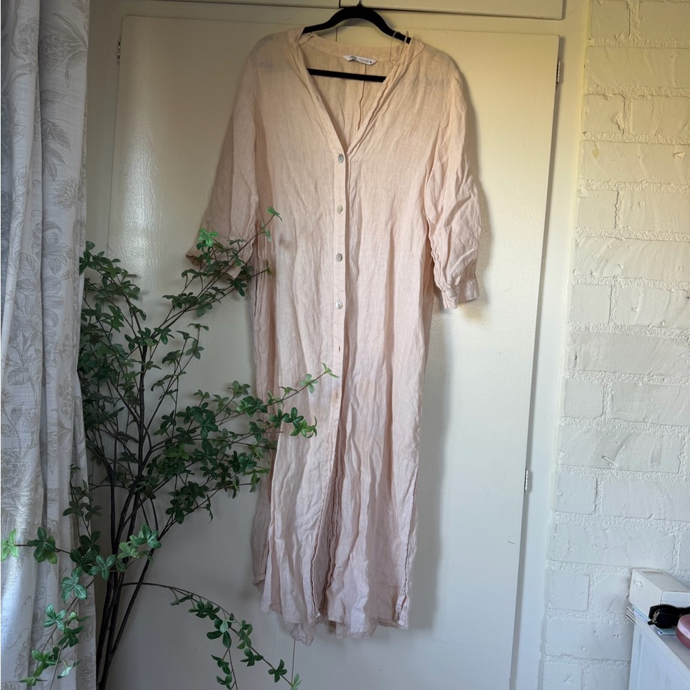 NWOT Zara Linen Oversized Beige Midi Tunic Dress - Picture 2 of 7